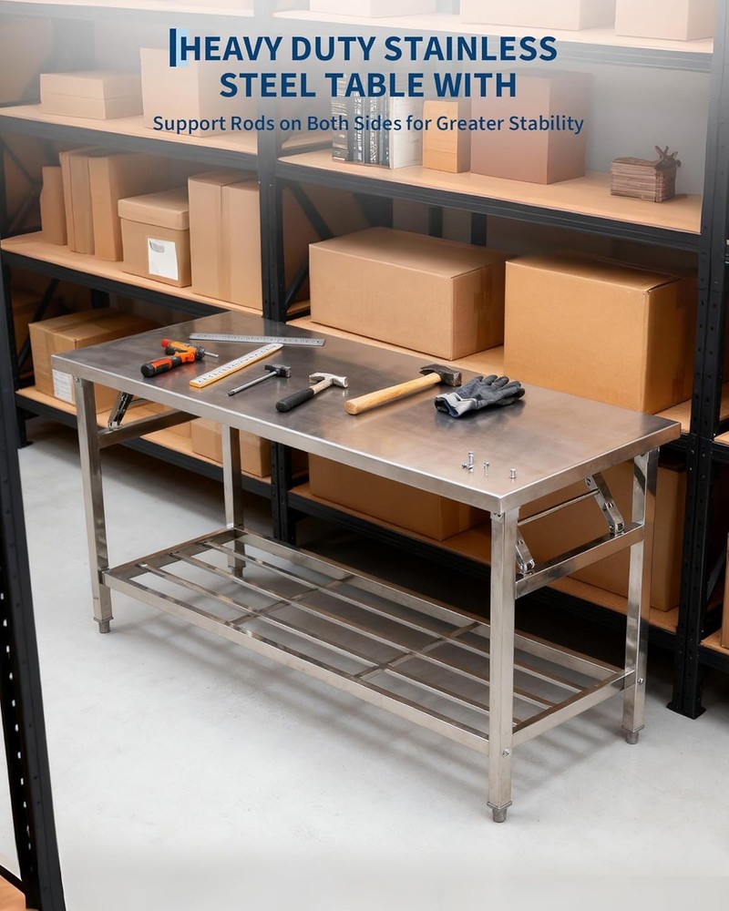 Commercial Stainless Steel Folding Table W/ Undershelf, Kitchen Island Worktable