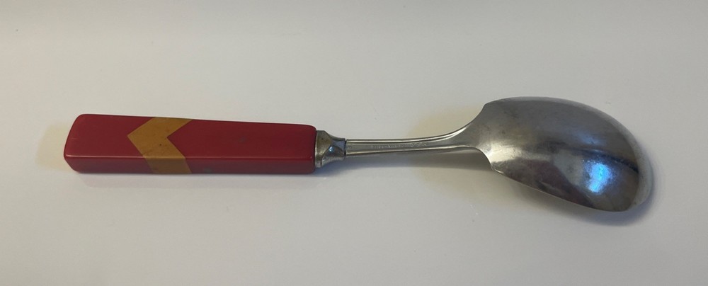 Perma-Brite Stainless W/ 2 Tone Bakelite Red & Butterscotch Handle Sugar Spoon