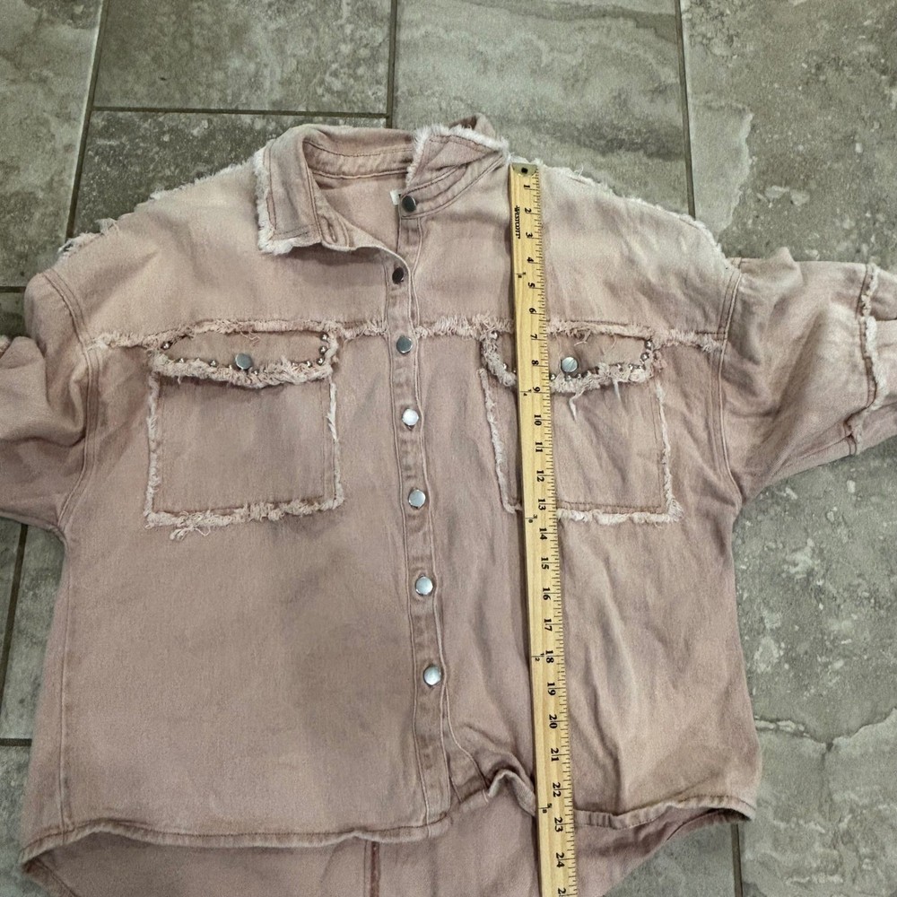 POL Pink Distressed Denim Shacket Studded Raw Hem Oversized Jacket Small