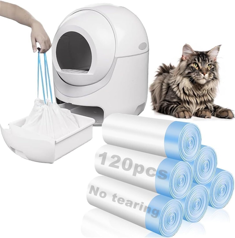 120 Pack Cat Litter Bags with Drawstring, Self Cleaning 120 Count