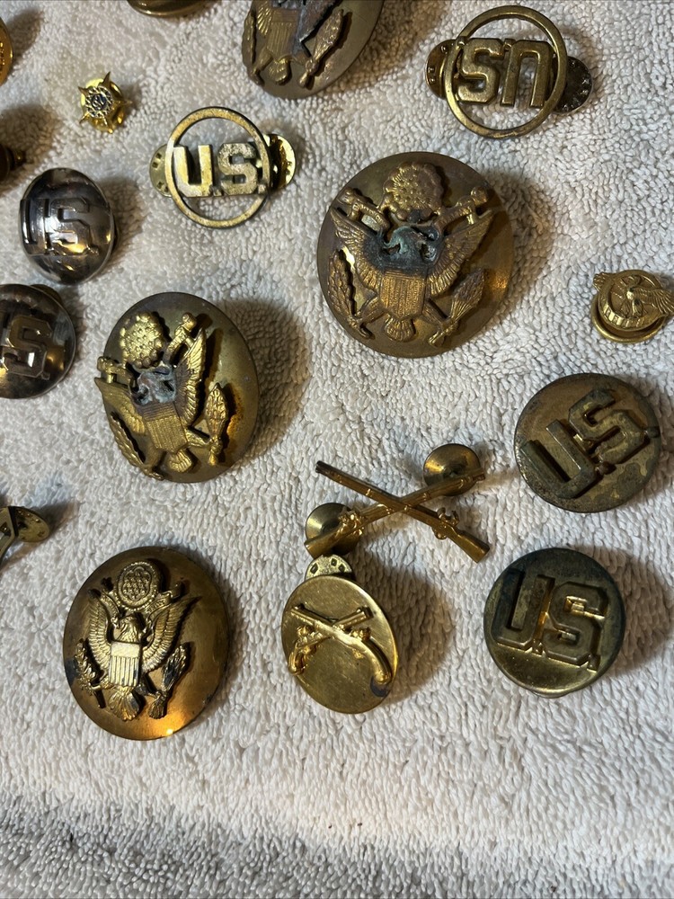 50 Military Army Hat Pins Lapel Medals US Eagle Cross Rifles Used Originals