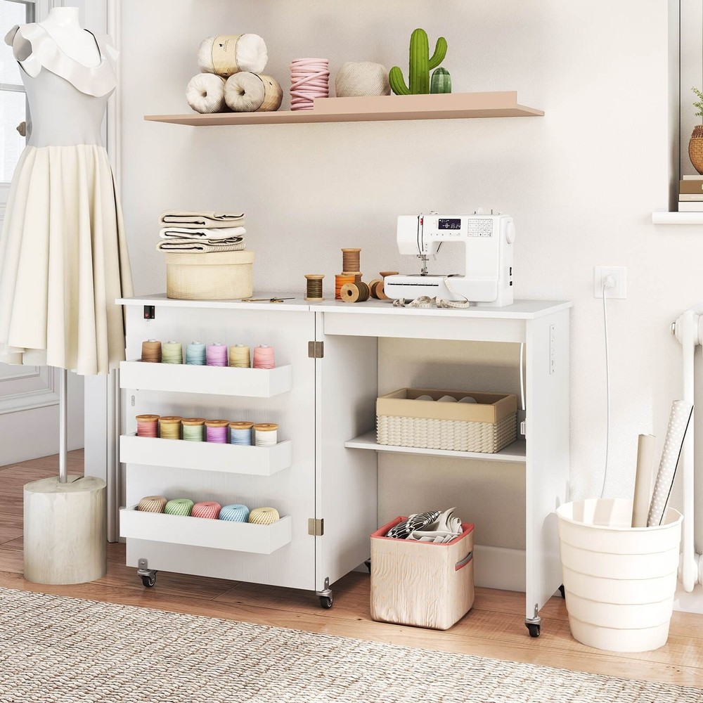 Sewing Machine Table with Charging Station and Lockable Casters White