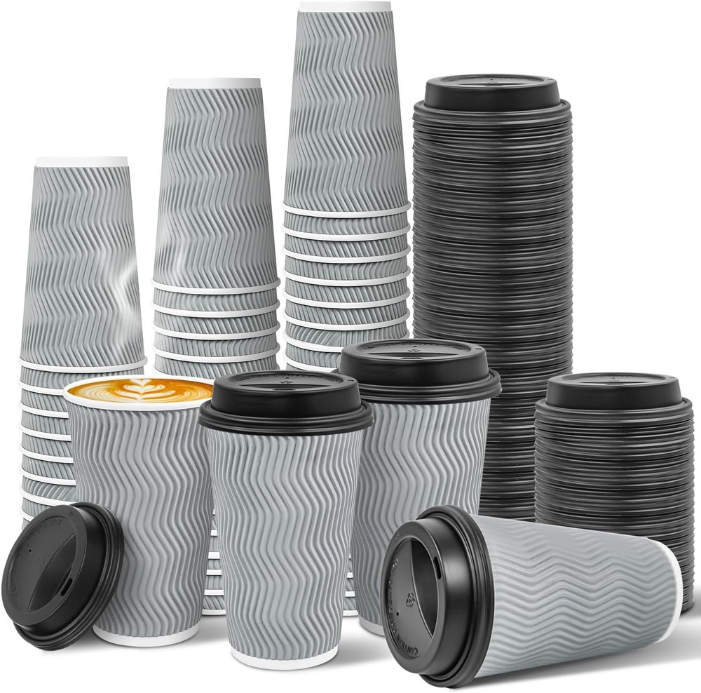 Disposable To Go Coffee Cups with Lids, Double Wall Ripple