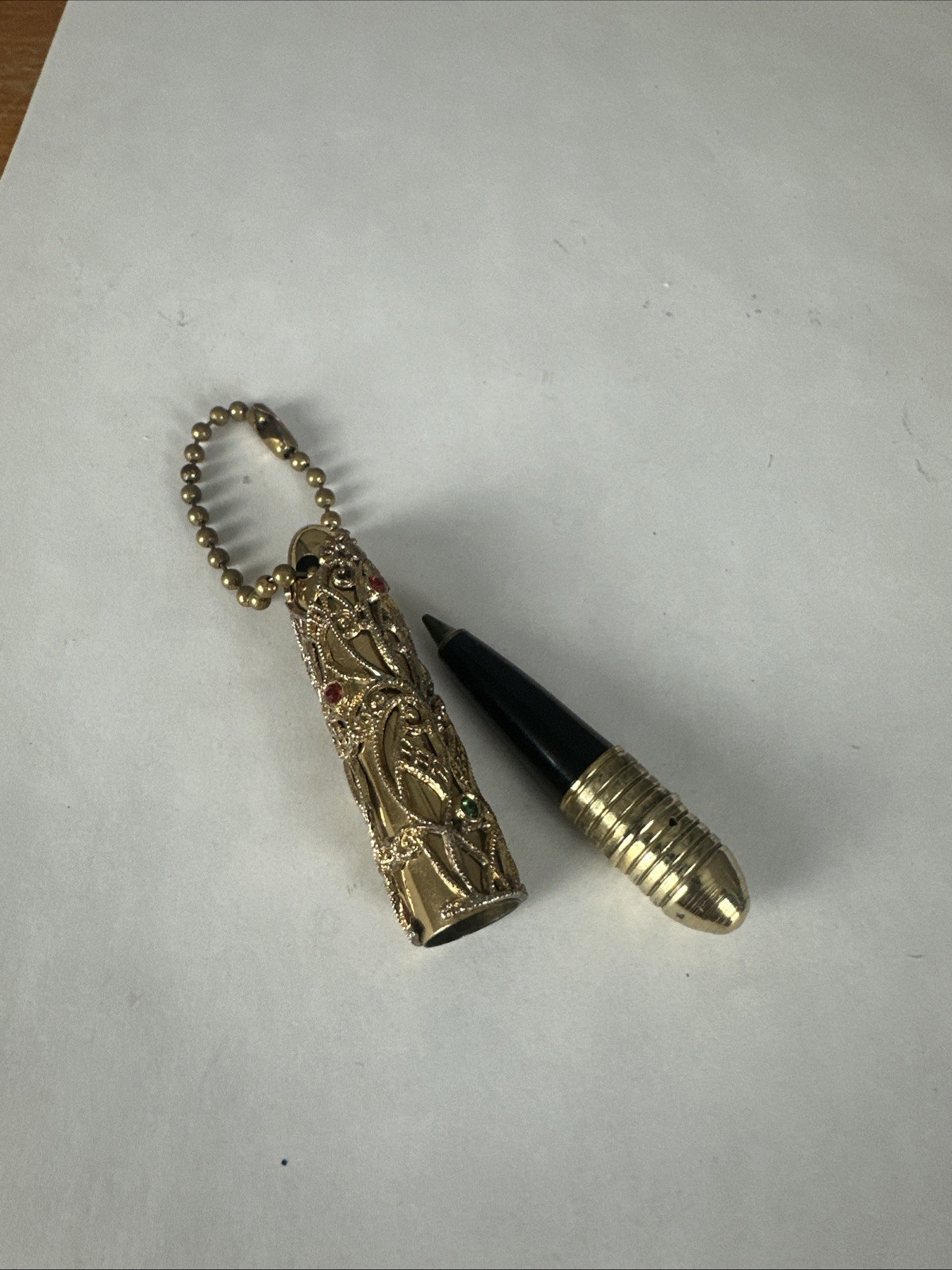 Antique Art Nouveau Ornate Gold Tone Filigree Chatelaine Pen Jeweled Case