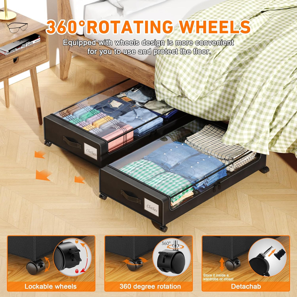 Under Bed Storage with Wheels, 2 Pack under Bed Storage Containers with Dividers