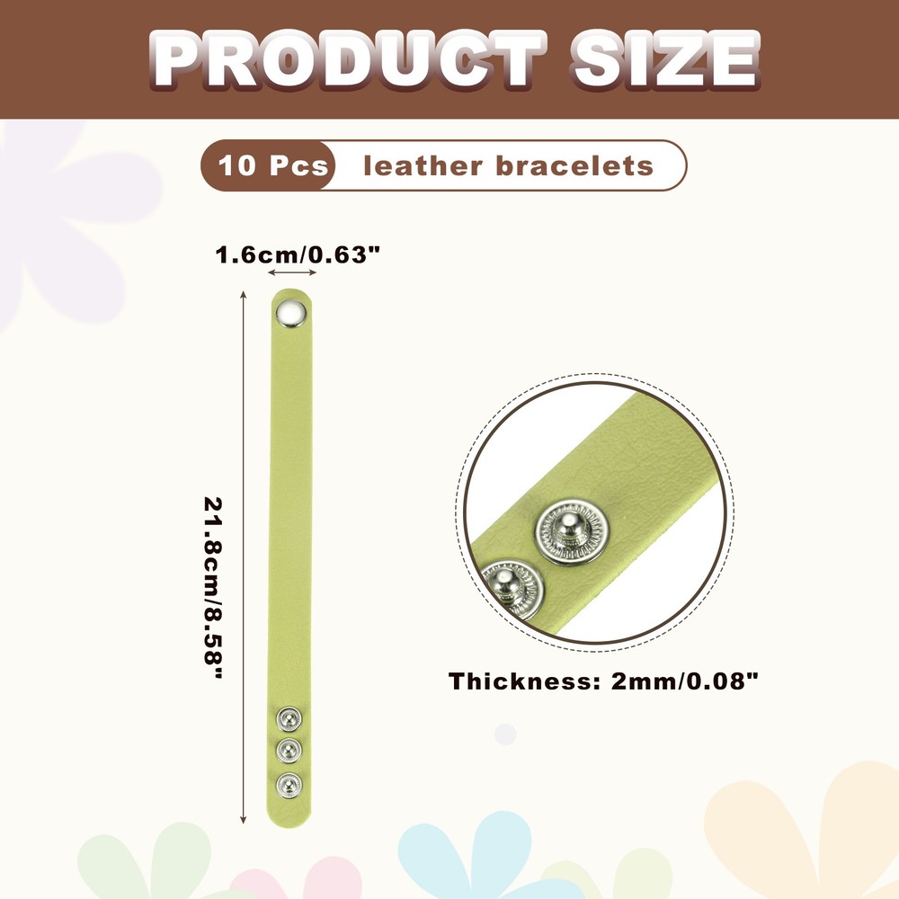 10 Pcs Plain Leather Bracelets Leather Snap Bracelets, Green