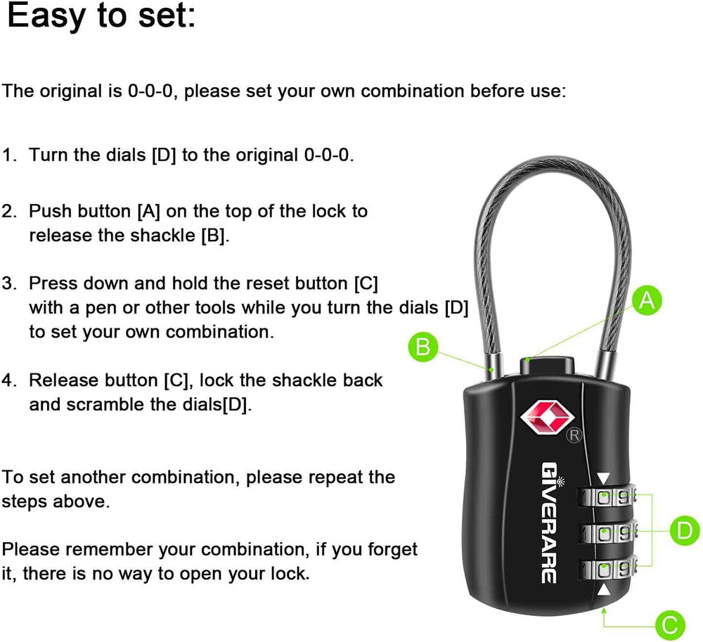 4 Pack TSA Approved Luggage Locks, Combination Travel Cable Lock, Re-Settable 3-