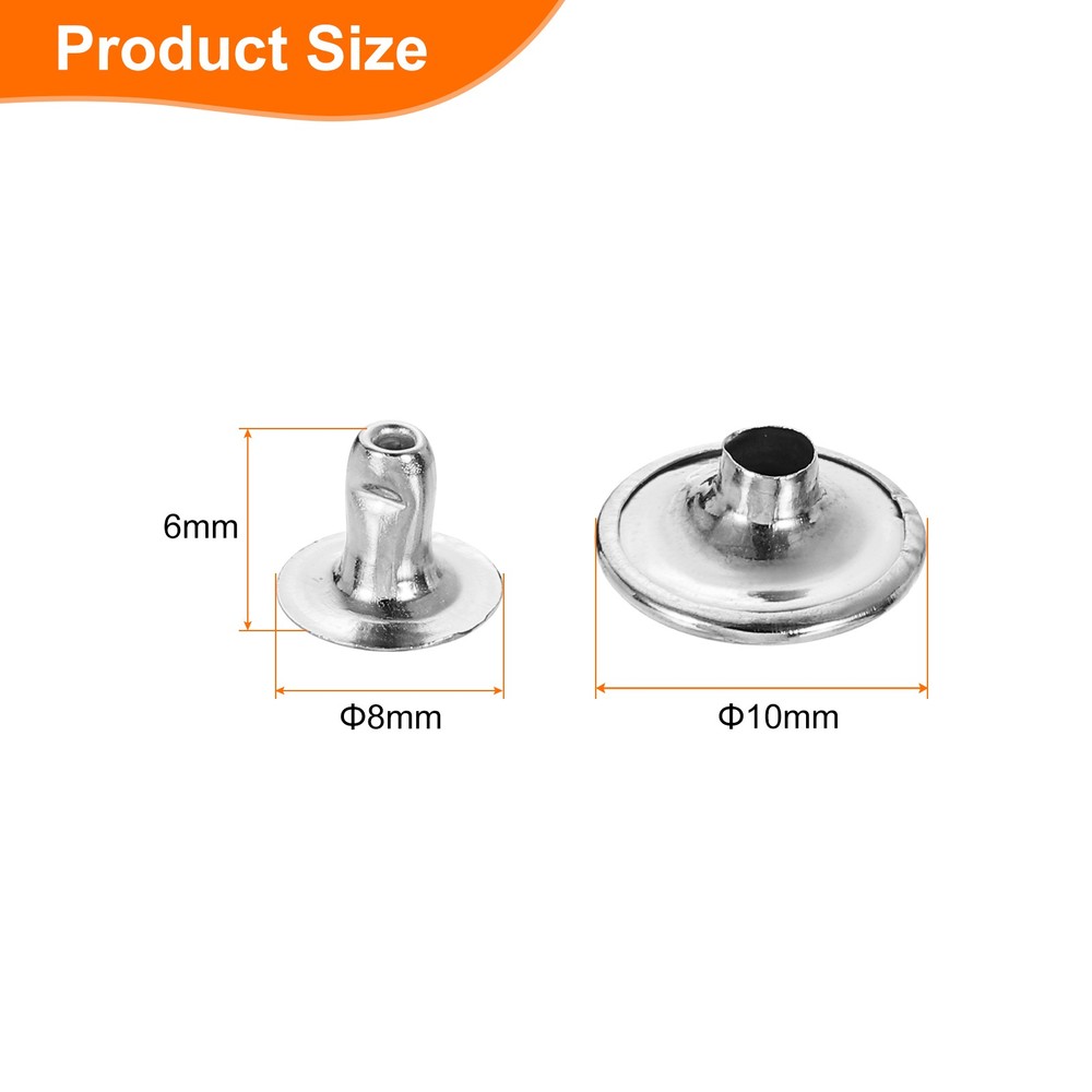 100Sets Single Cap Rivet 10mm Carbon Steel Round Head Snap Studs, Silver