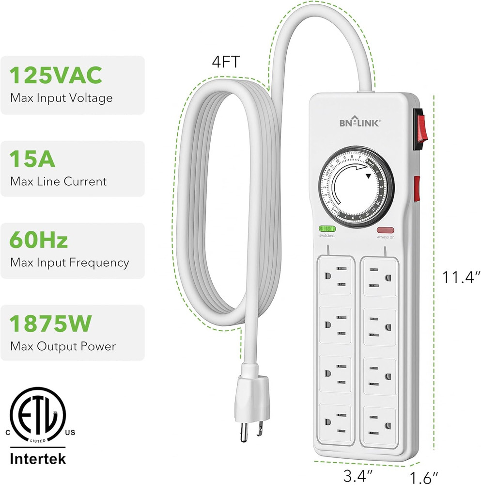 8 Outlet Surge Protector with Mechanical Timer (4 Outlets Timed, 4 Outlets Alway