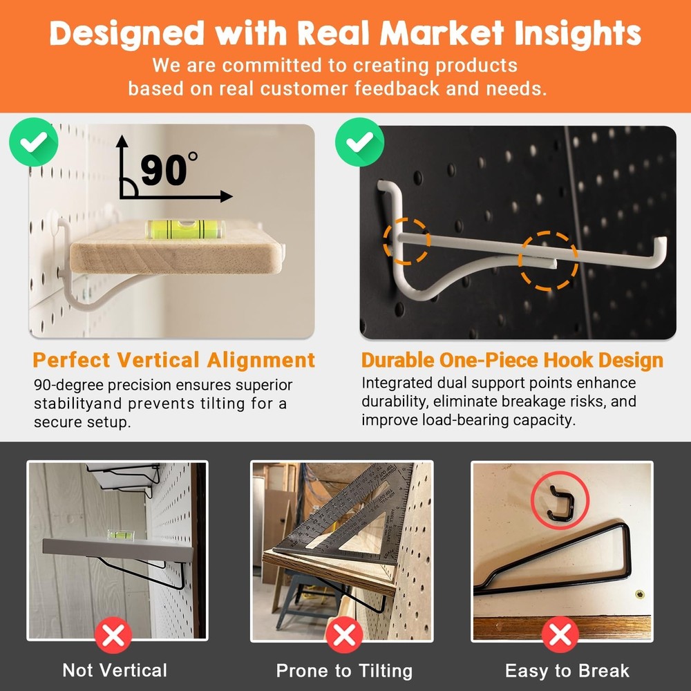 Solid Wood Pegboard Shelf, Pegboard Shelves with Pegboard Hooks, Pegboard Acc...