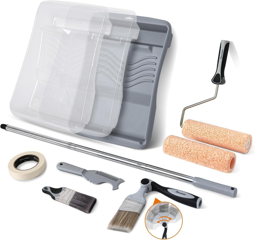 11 PC 9 Inch Paint Rollers Kit with Extension Pole, Extendable Paint Brush, Pain