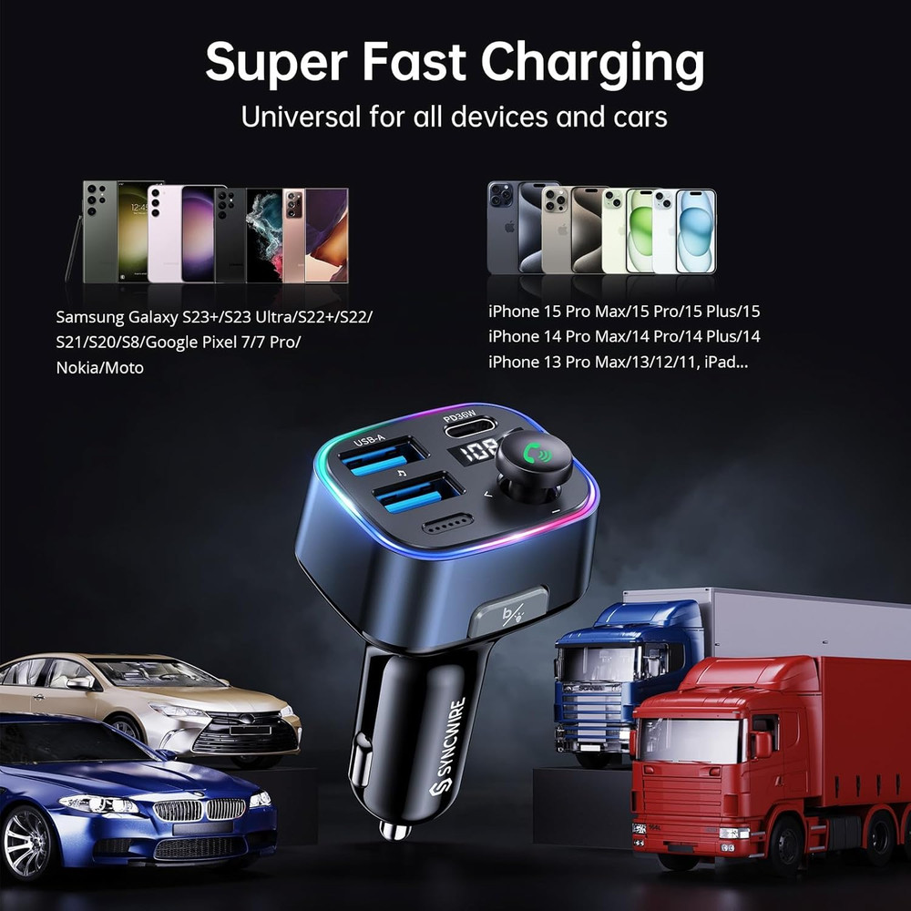 Bluetooth 5.3 FM Transmitter Car Adapter 48W(PD 36W & 12W) [Light Switch] [Hi-Fi