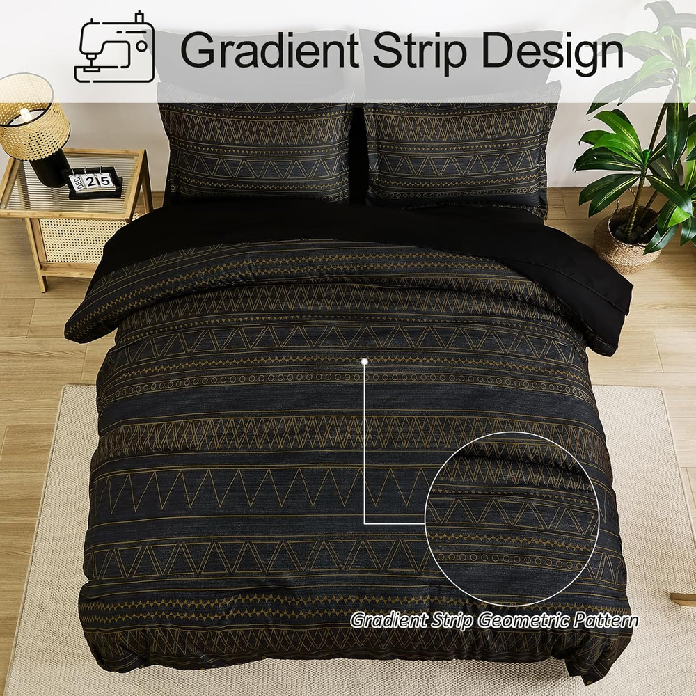 King Size Comforter Set 7 Pieces, Boho Black Gold Geometric Striped Comforter fo