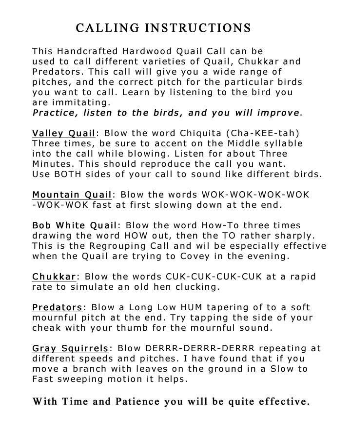 Quail / Chukar Call "HUNTERS CHOICE" Hand Made, Solid Hardwood