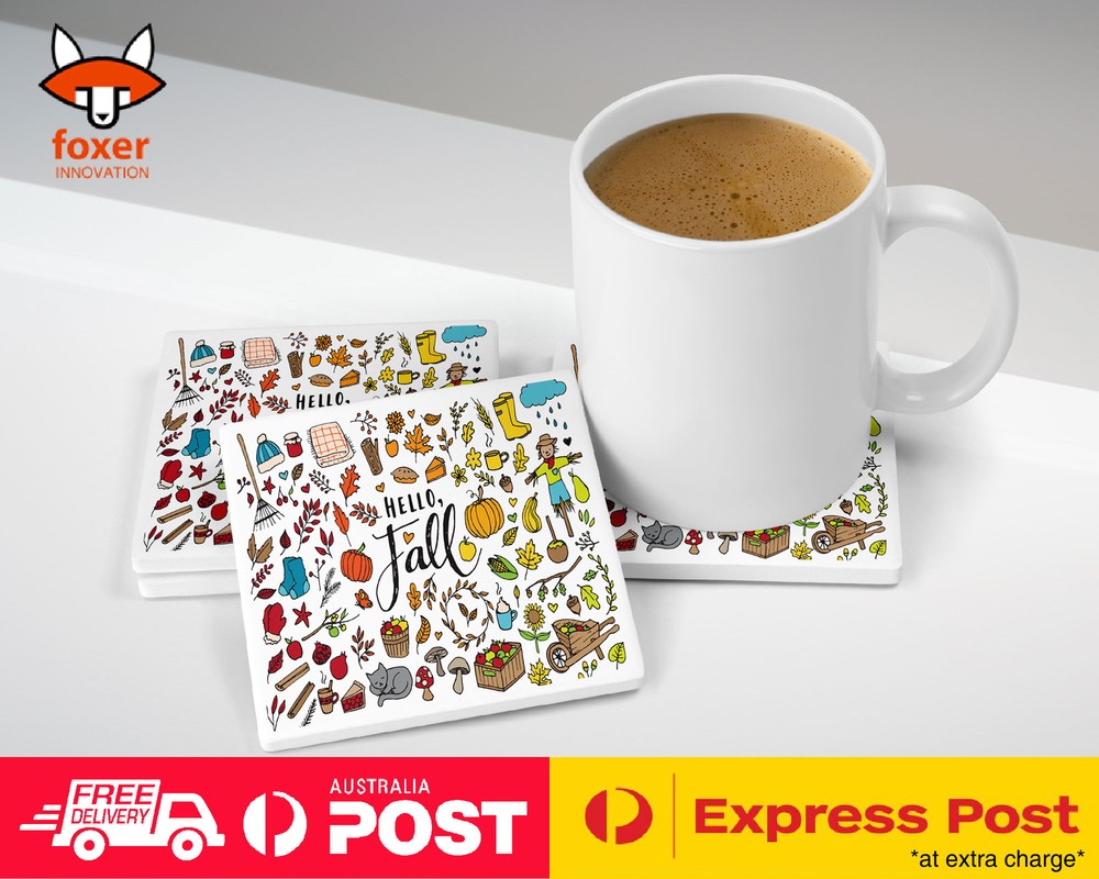 COASTER COFFEE DRINKING MAT|HELLO FALL AUTUMN LEAF COLLAGE