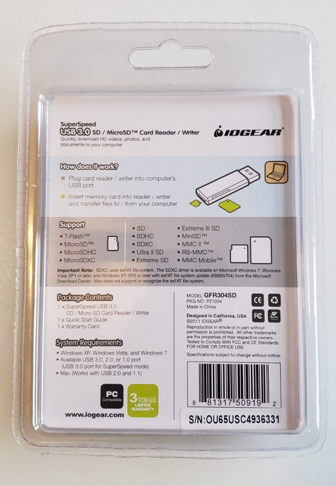 Iogear USB 3.0 sd/ MicroSD Card Reader/ Writer