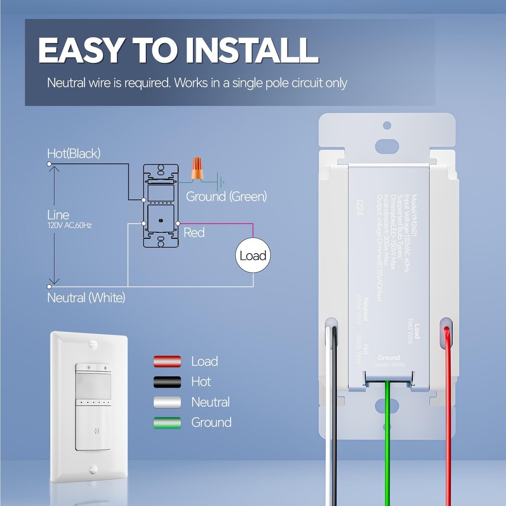 Motion Sensor Dimmer Light Switch, in-wall Electronic Dimmer with PIR Infrare...