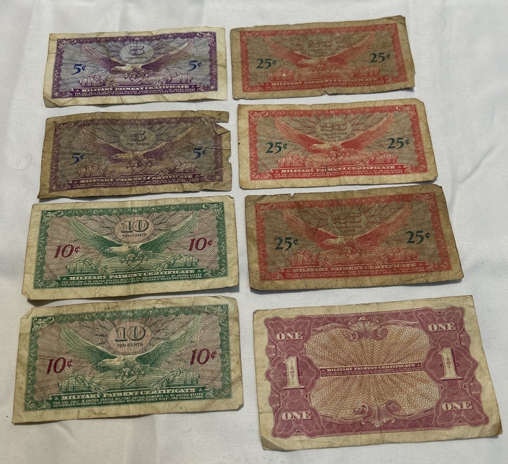8 different MPC Military Payment Certificates CONDITION VARY