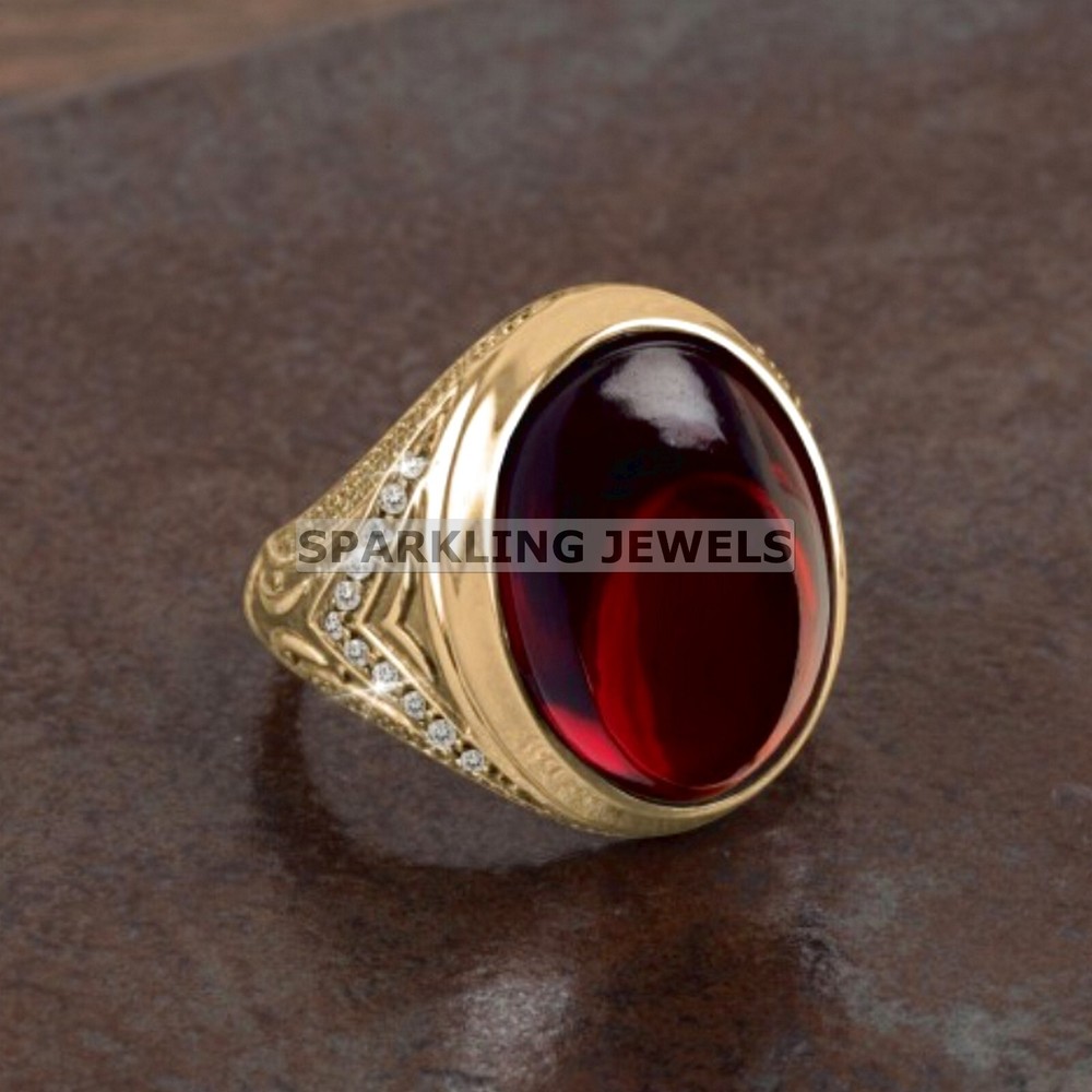 Calibrated Garnet Oval Cut With 14K Solid  Gold  Ring For Men #C202