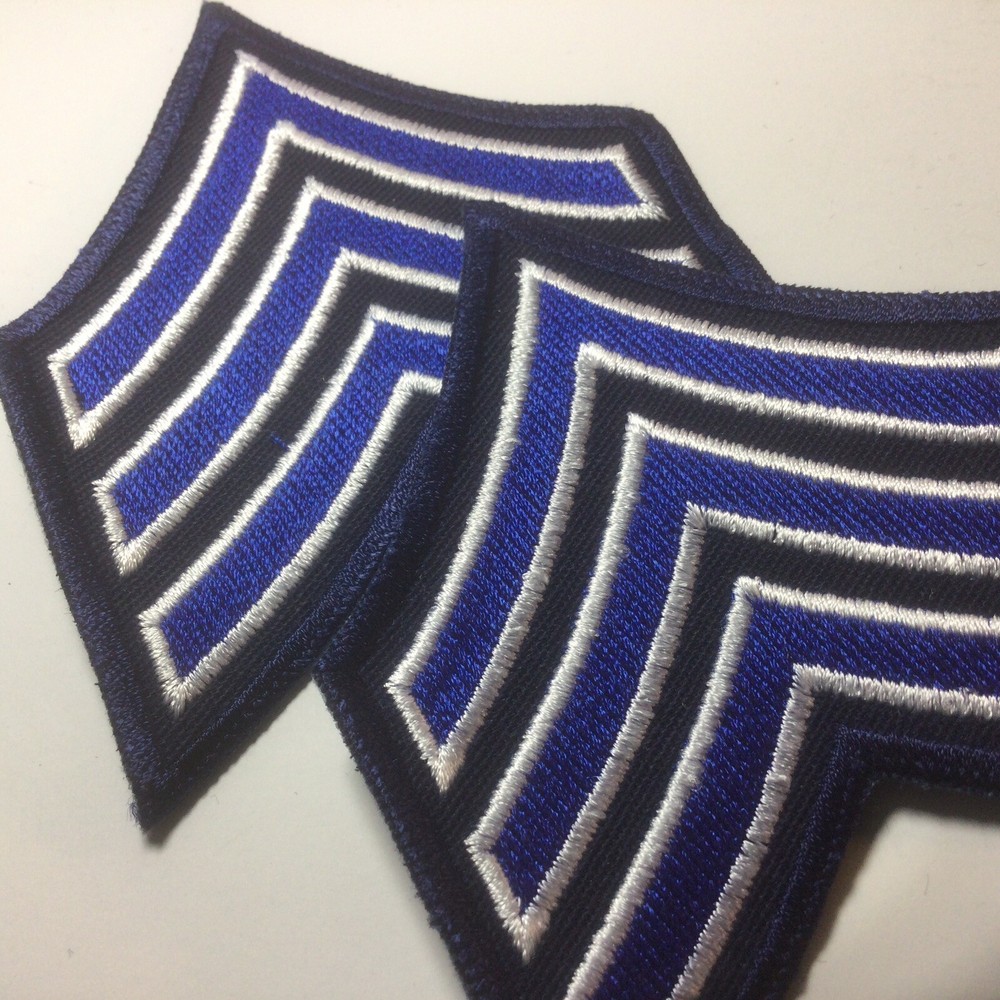 (2) Sergeant Chevron - 3" Wide - 3 White/Royal Stripes on Dk Navy (Navy Border)