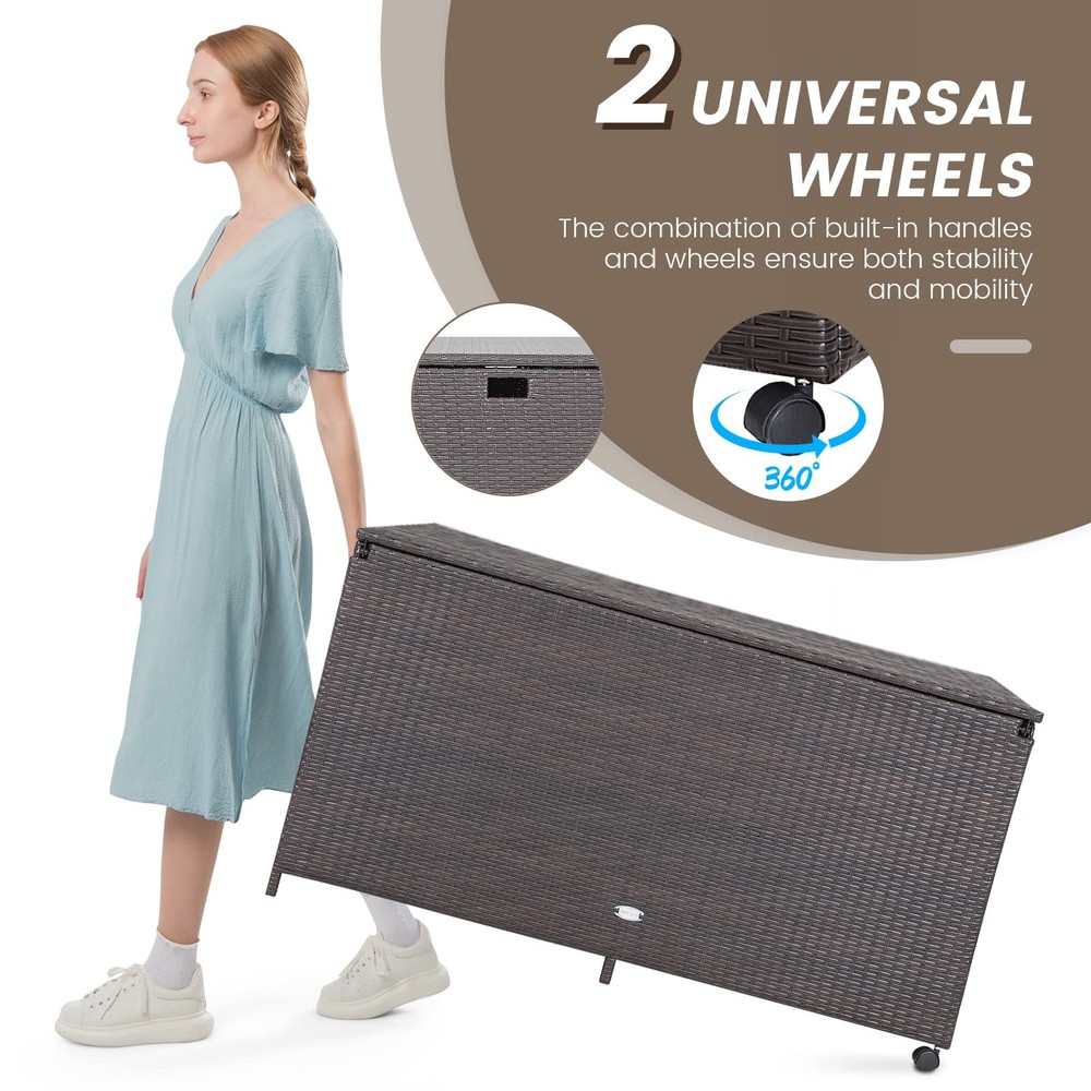 133 Gallon Deck Storage Box, Patio Rattan Storage Container with 2 Universal ...