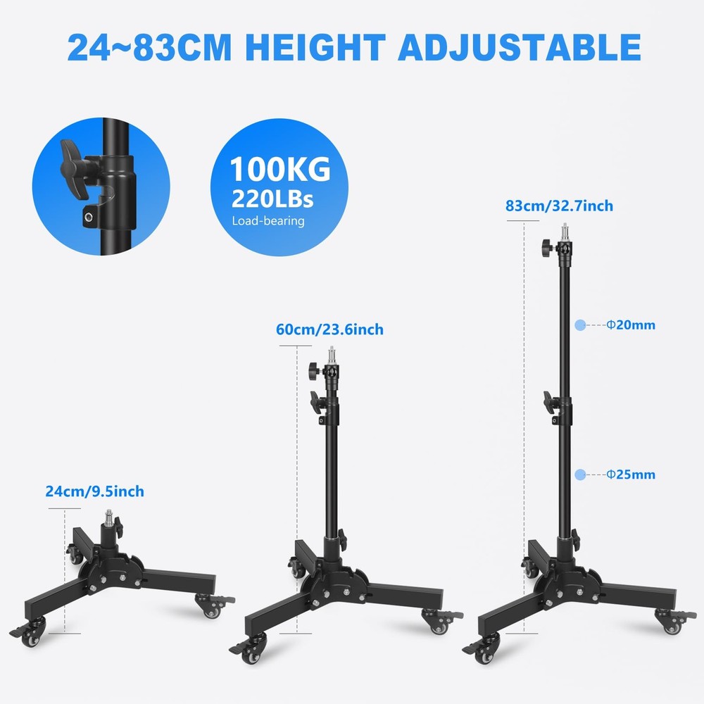 Short Floor Light Stand with Casters, 23.8-32.9" Removable Foldable Rolling S...