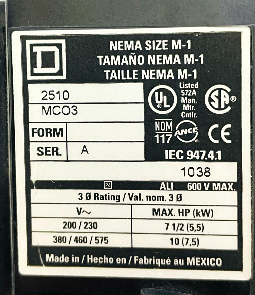 SQUARE D 2510MCO3 AC Manual Starter