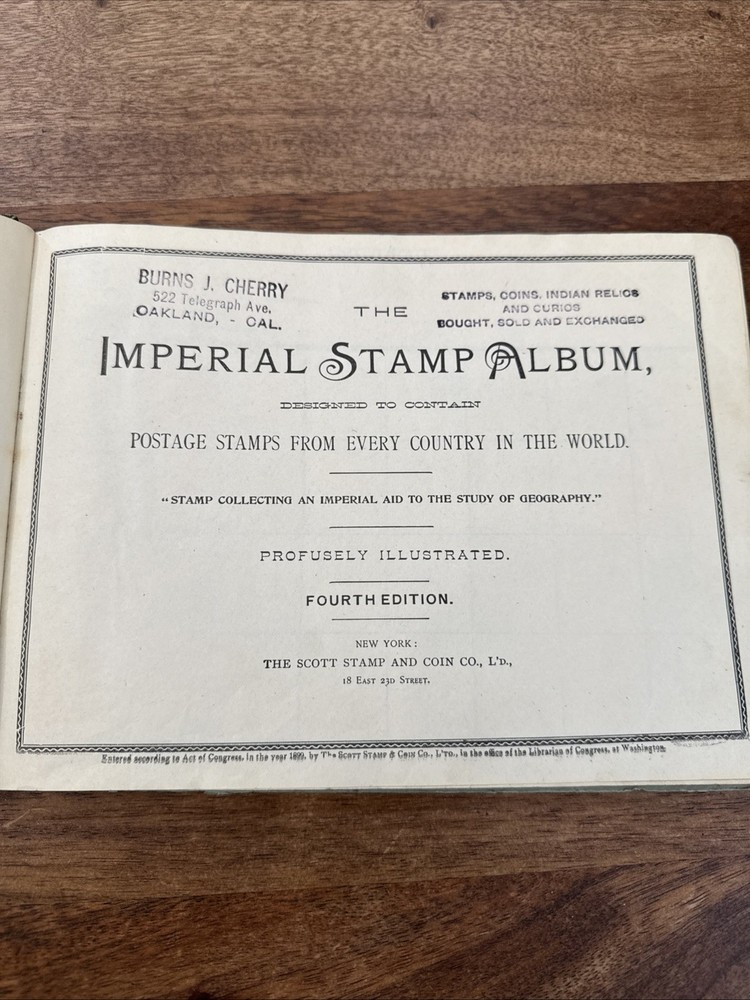 Vintage 1900 Scott Imperial Stamp Album 4th Edition With One Stamp