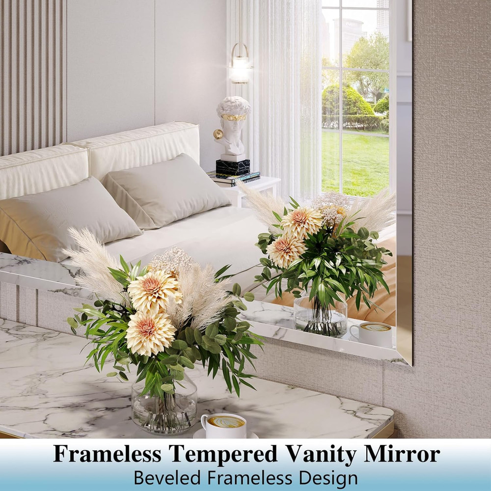Beveled Frameless Bathroom Mirror 40"x32" - Modern Rectangle Design, Versatile U