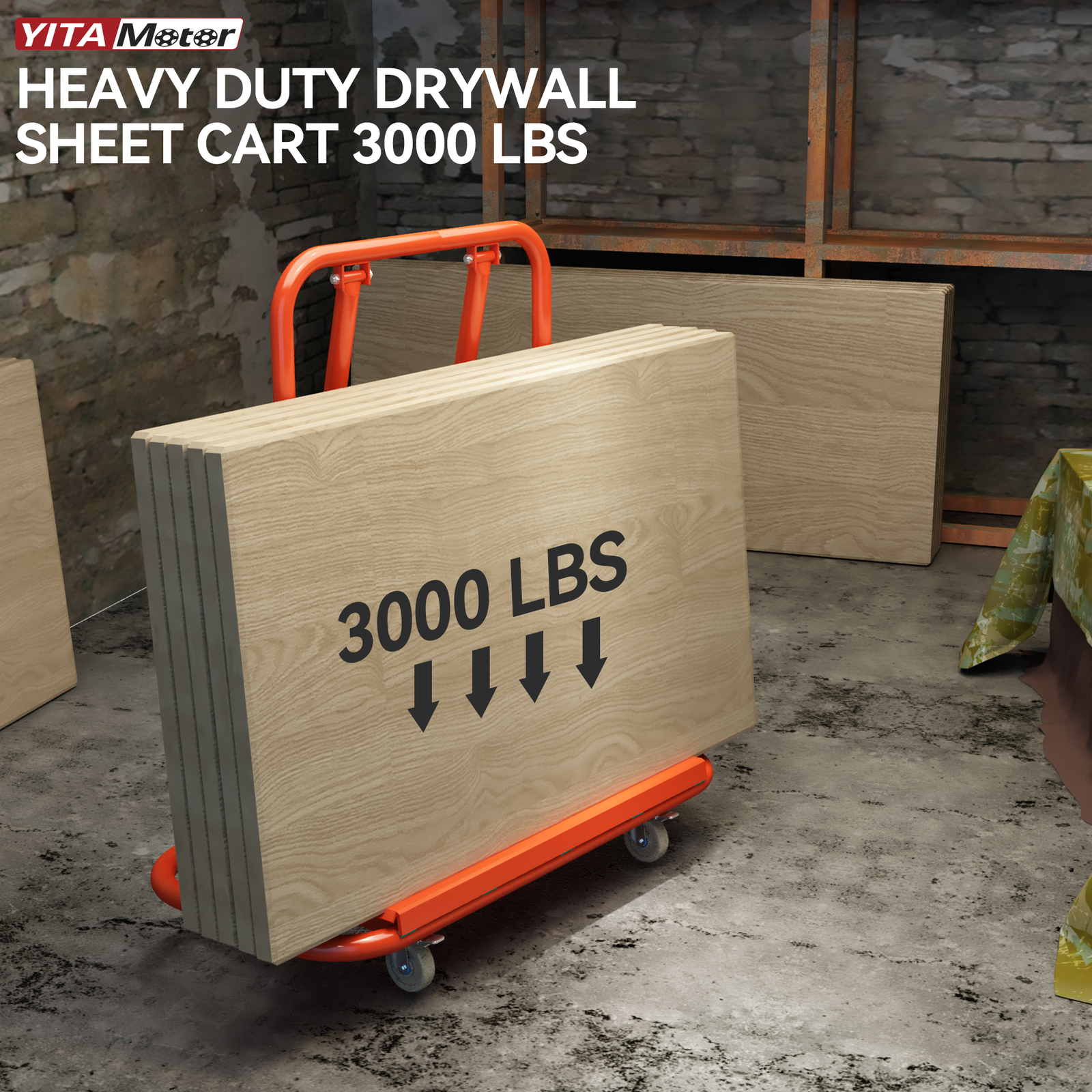 Heavy Duty Drywall Sheet Cart 45.3" L × 22.4" W × 46" H W/4 Swivel Wheels 3000LB
