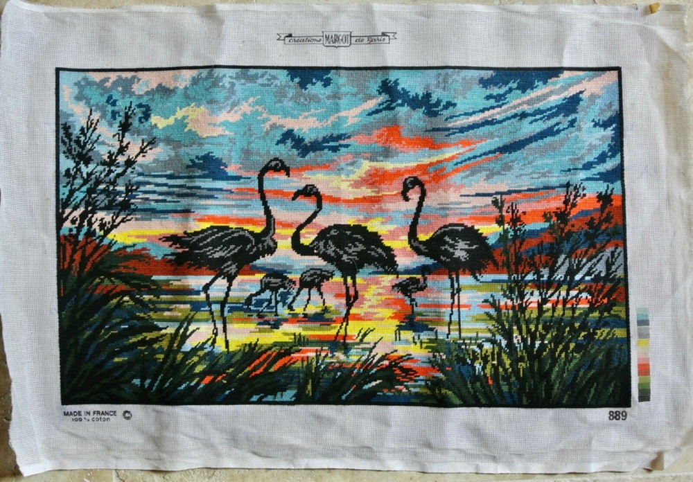 Flamingos in Sunset Completed Needlepoint Vintage