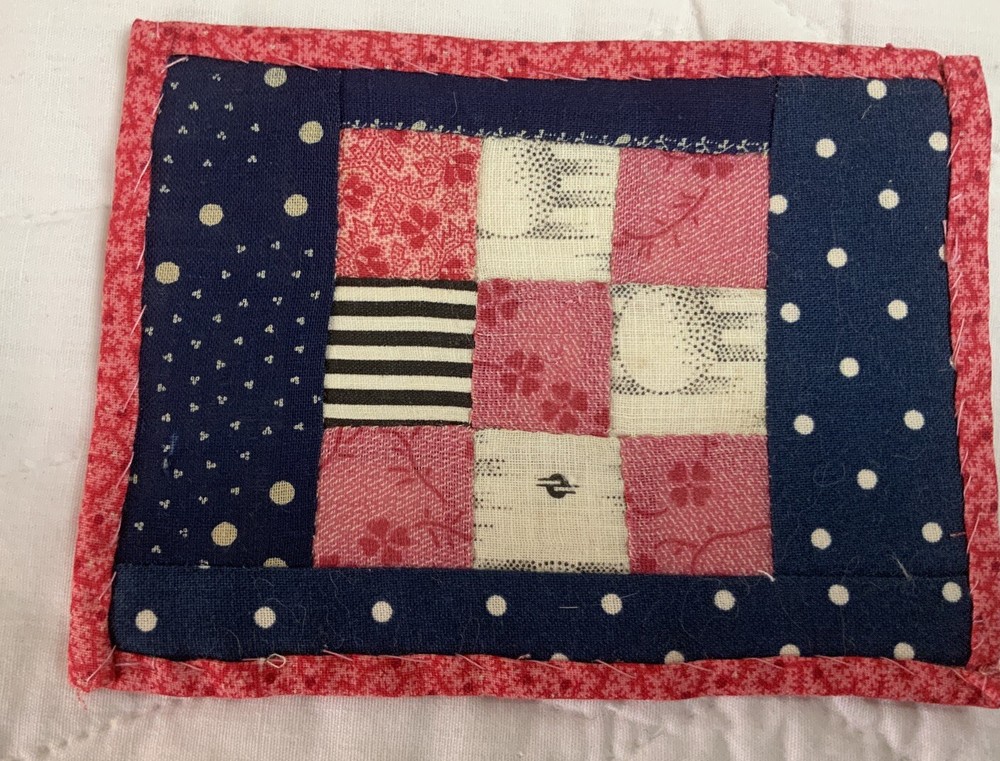 Antique Patchwork Quilt Table Topper Or Doll Quilt, Small, 9 Patch, Navy, Pink
