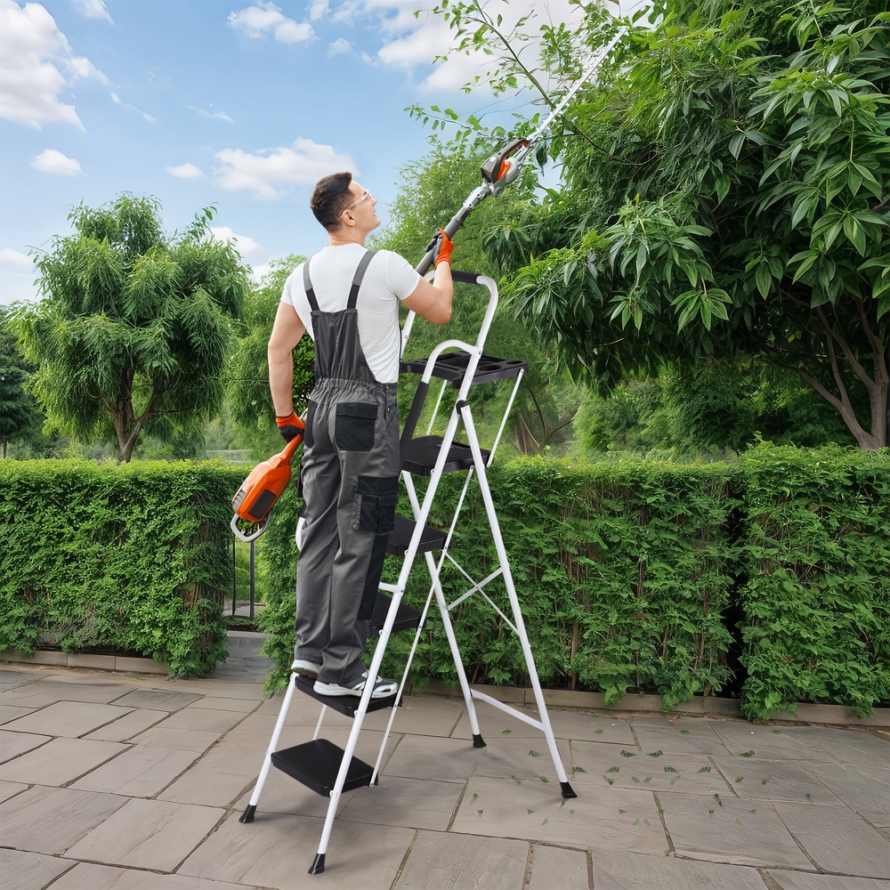 Folding 5 Step Ladder Sturdy Step Stool w/ Multi-Functional Tool Tray Household