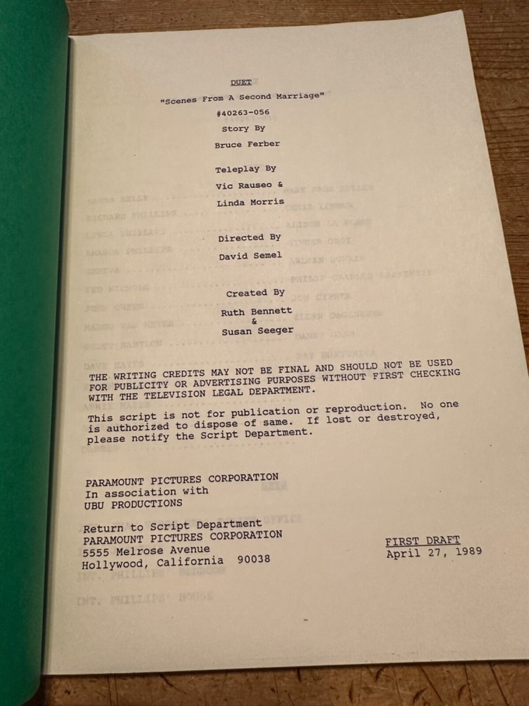 DUET ORIGINAL TV SHOW SCRIPT EPISODE SCENES FROM A SECOND MARRIAGE