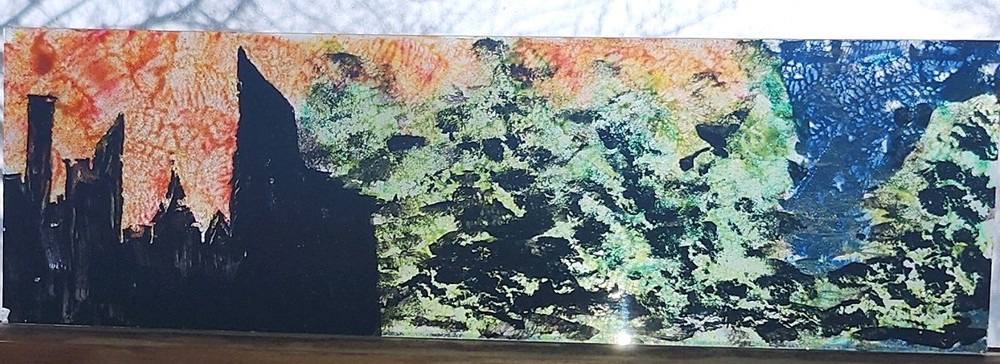 Handmade Stained Glass Cityscape and Landscape Panel Reverse Art Multicolor