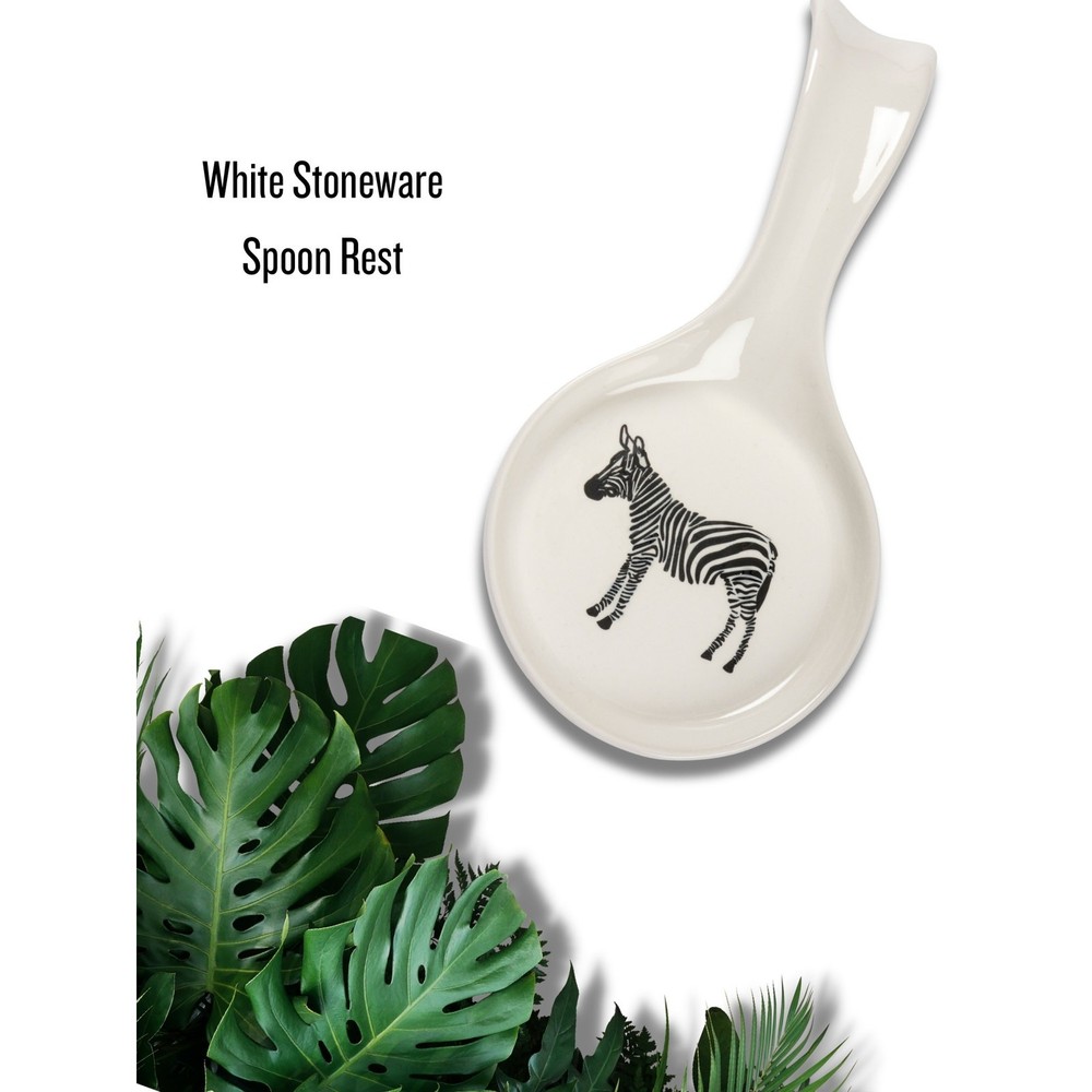 ZEBRA Ceramic Kitchen Set Serving Platter Salt Pepper Shakers Spoon Rest White