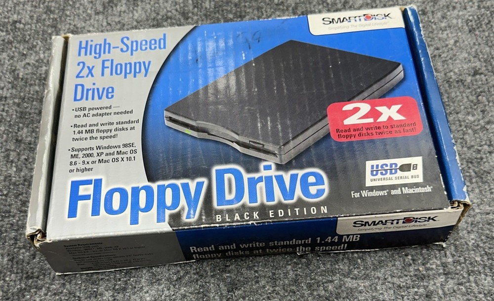 SmartDisk High‑Speed 2x External USB Floppy Drive – Black Edition