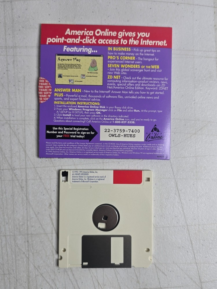 AOL America Online Version 2.5 Floppy Disk Internet PowerPac PC Computing Vtg