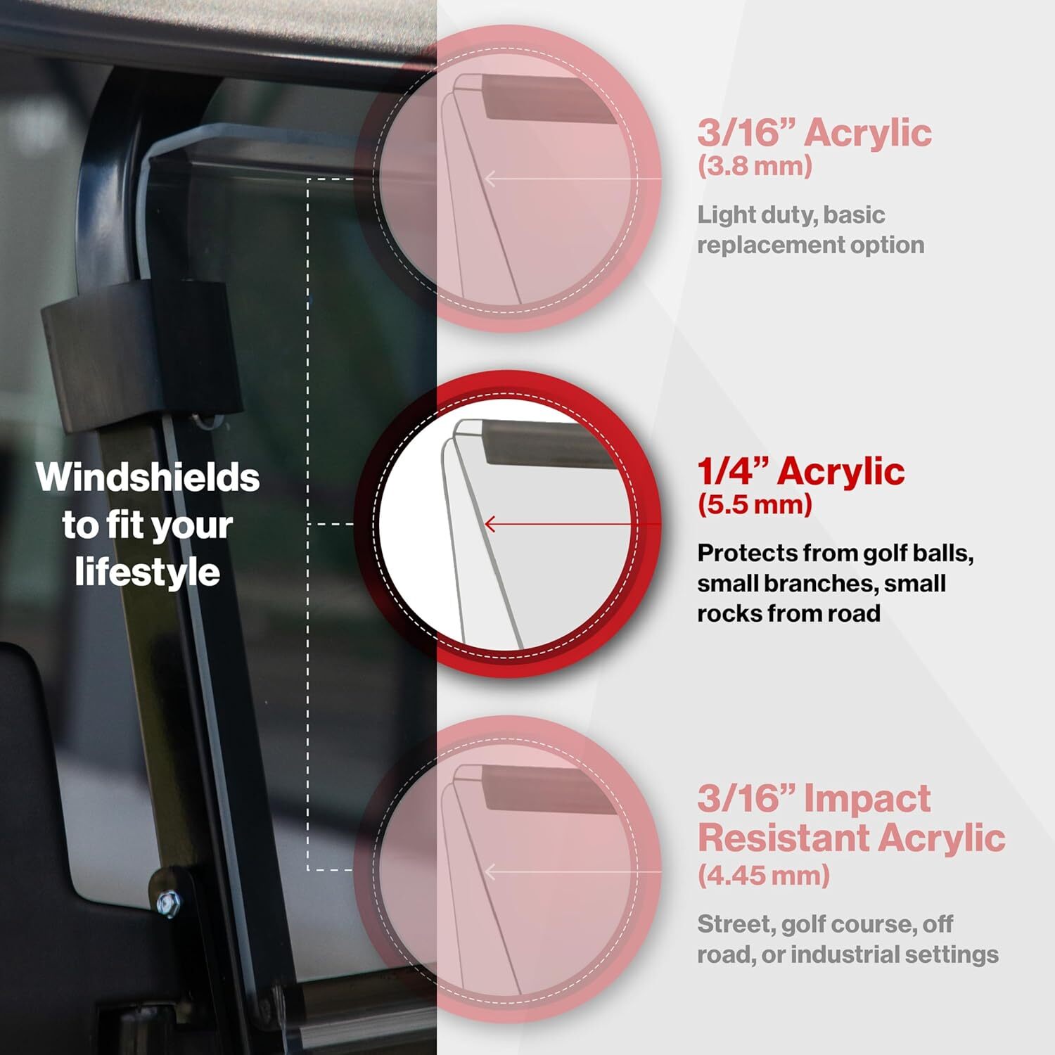 RedDot 1/4" Folding Golf Cart Windshield for Denago EV Rover XL - Tinted