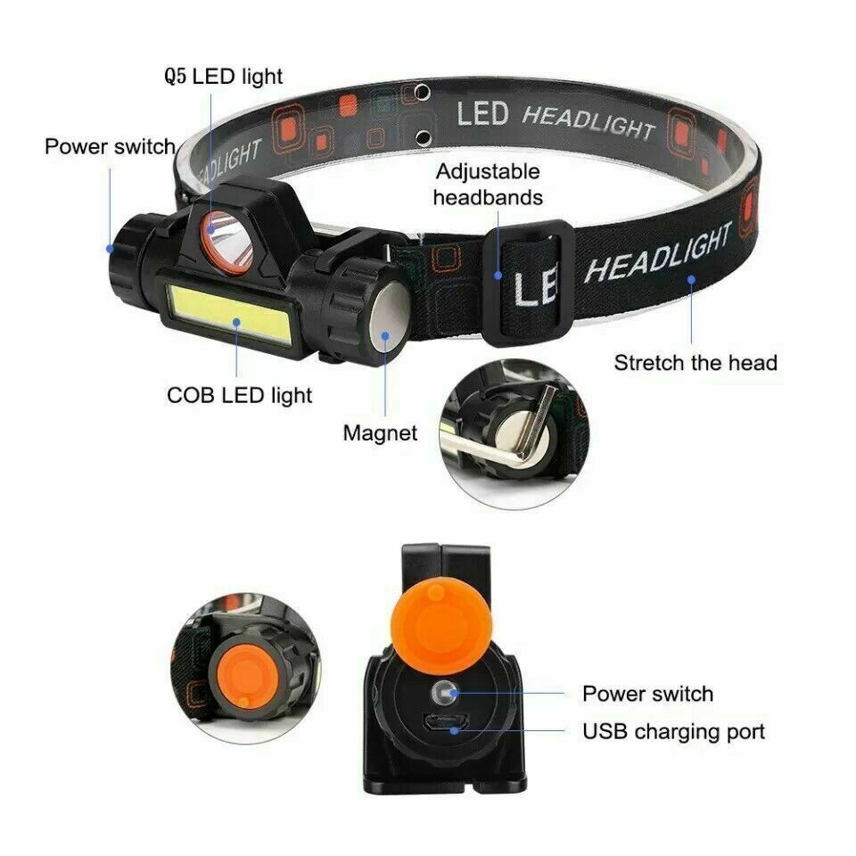 USB Rechargeable Waterproof LED Headlamp Headlight Head Light Flashlight LOT