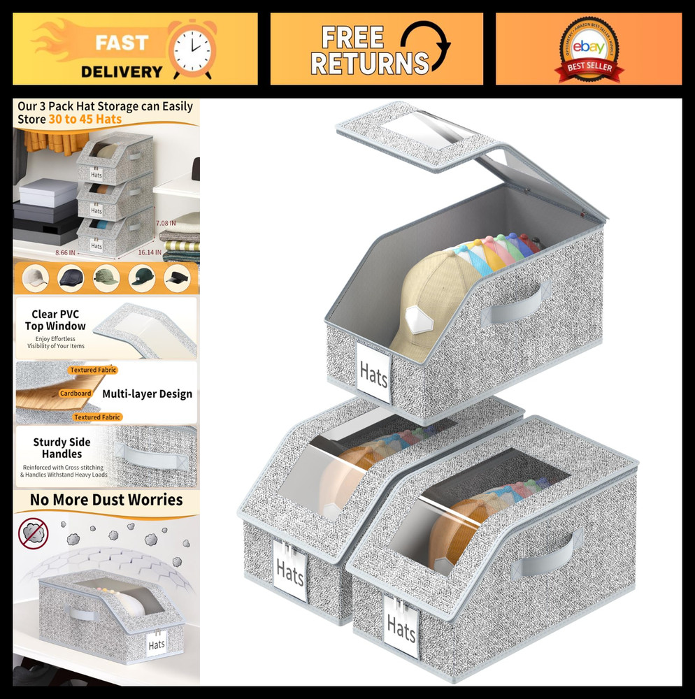 3 Pack Stackable Baseball Cap Organizer with Clear Lid - Foldable Hat Storage Bo