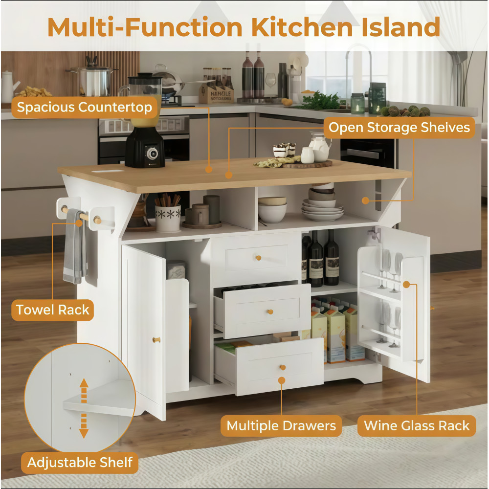 Kitchen Island w/ Power Outlet Wheels, Extendable Dining Table Storage White