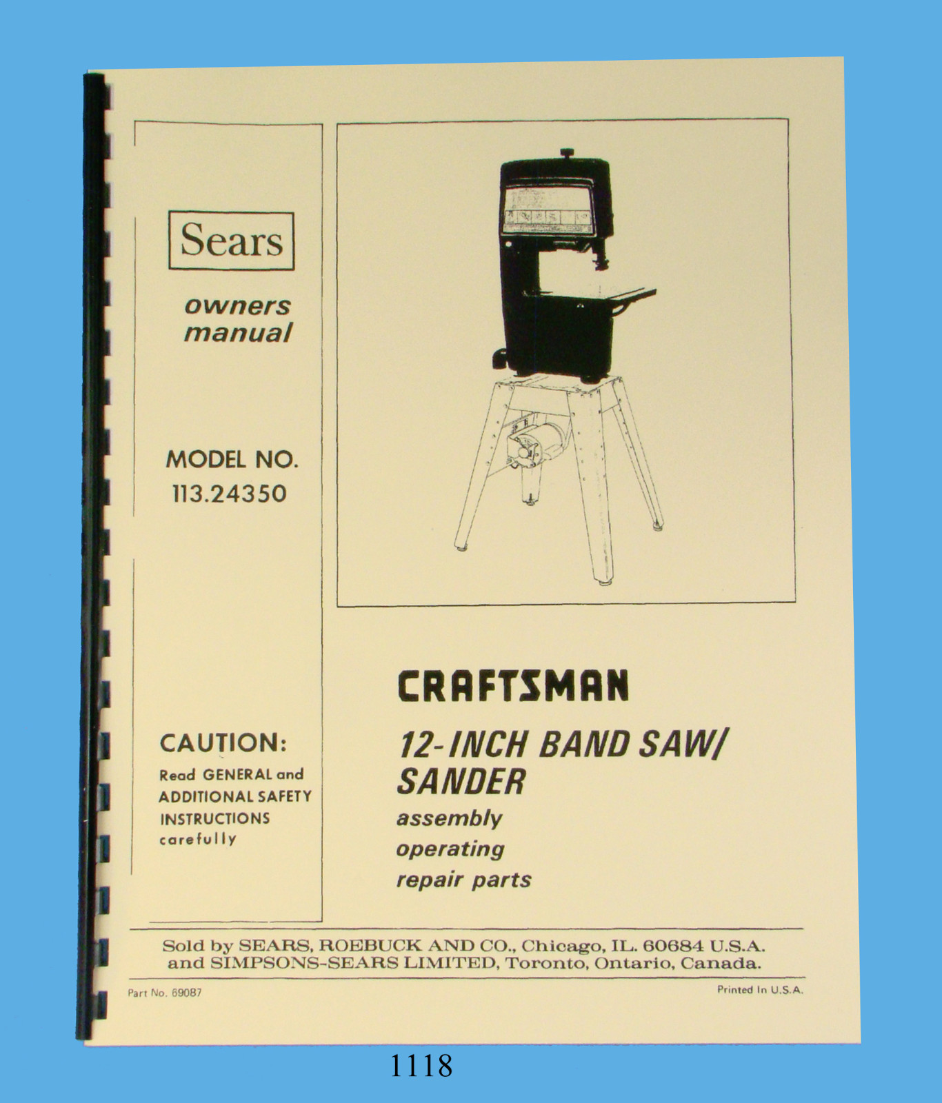 Sears Craftsman 12" Bandsaw 113.24350 Operating & Parts List Manual *1118