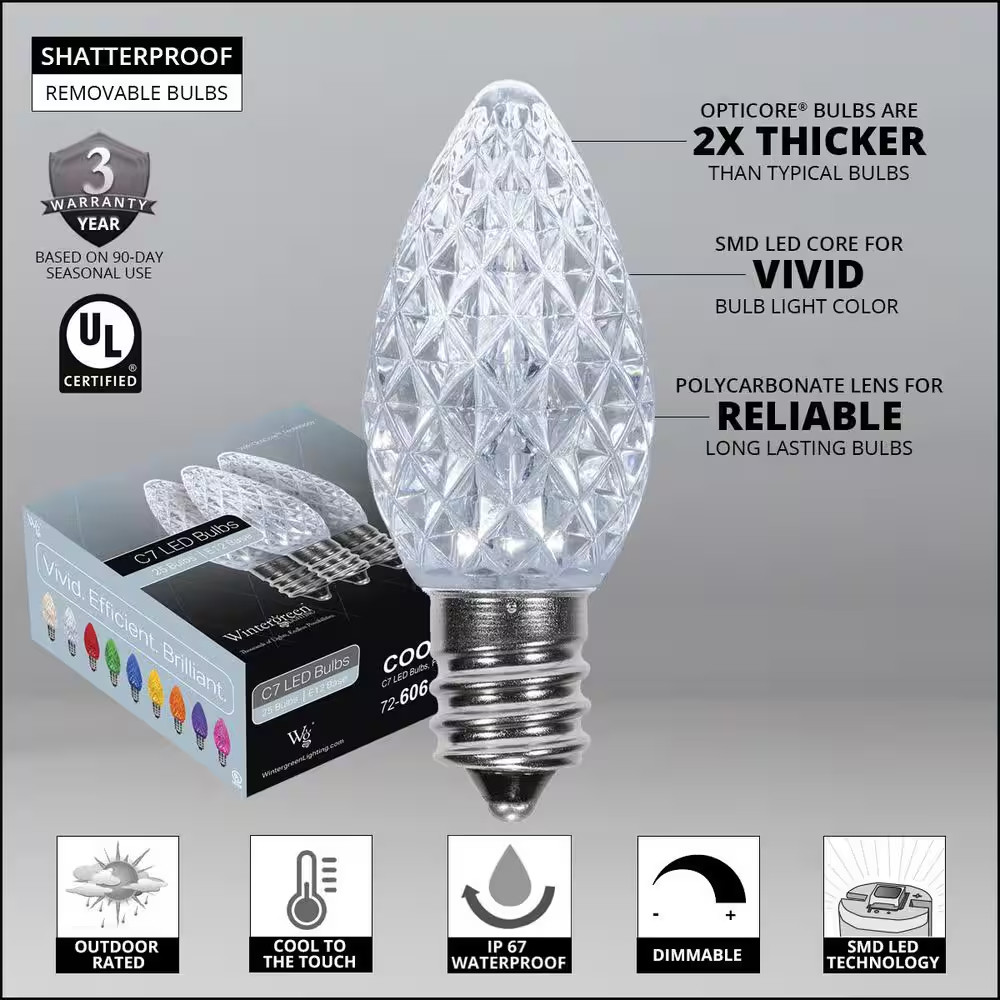 Opticore 24 Ft. 25-Light LED Cool White Faceted C7 String Light Set