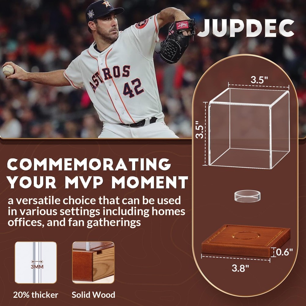 JupDec Baseball Display Case, Clear Cube Holder with 2 Pack, Brown