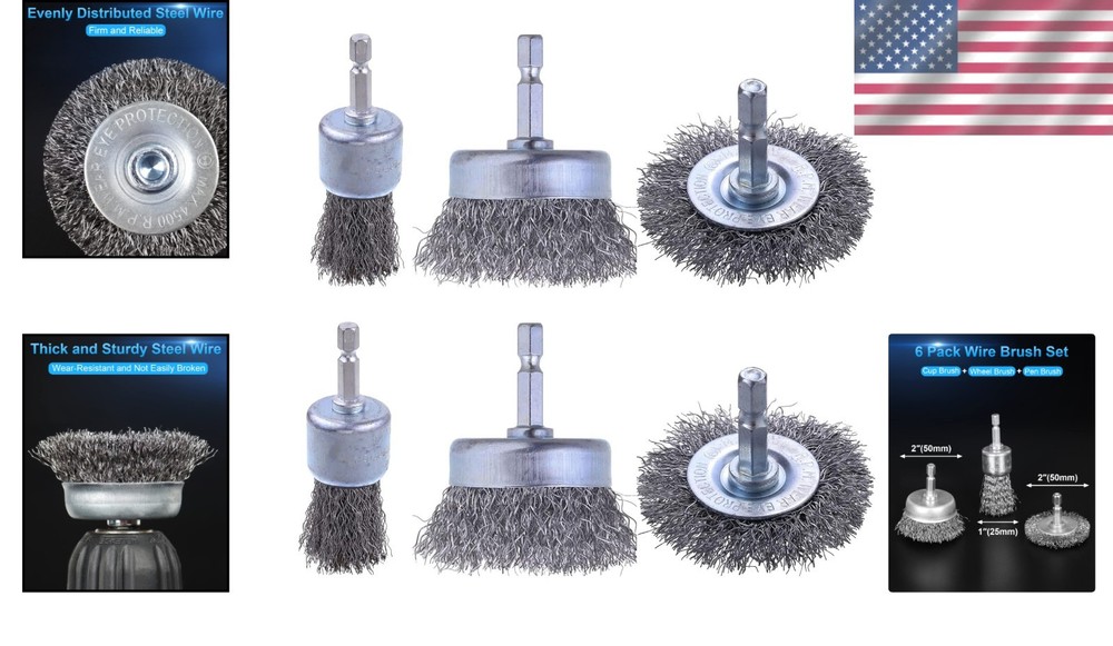Powerful Carbon Steel Wire Brush Set - 6 Pack for Efficient Rust & Paint Removal