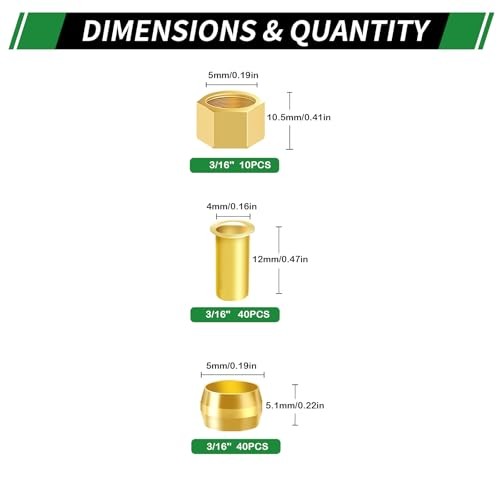 90pcs 3/16" Brass Compression Sleeves Ferrules Inserts Nuts 90PCS 3/16"