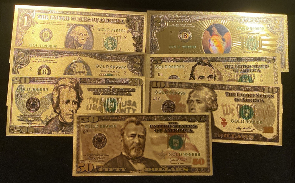 7 Pc Gold Foil Novelty Banknote Bills – Including Error Note – Great Gift!
