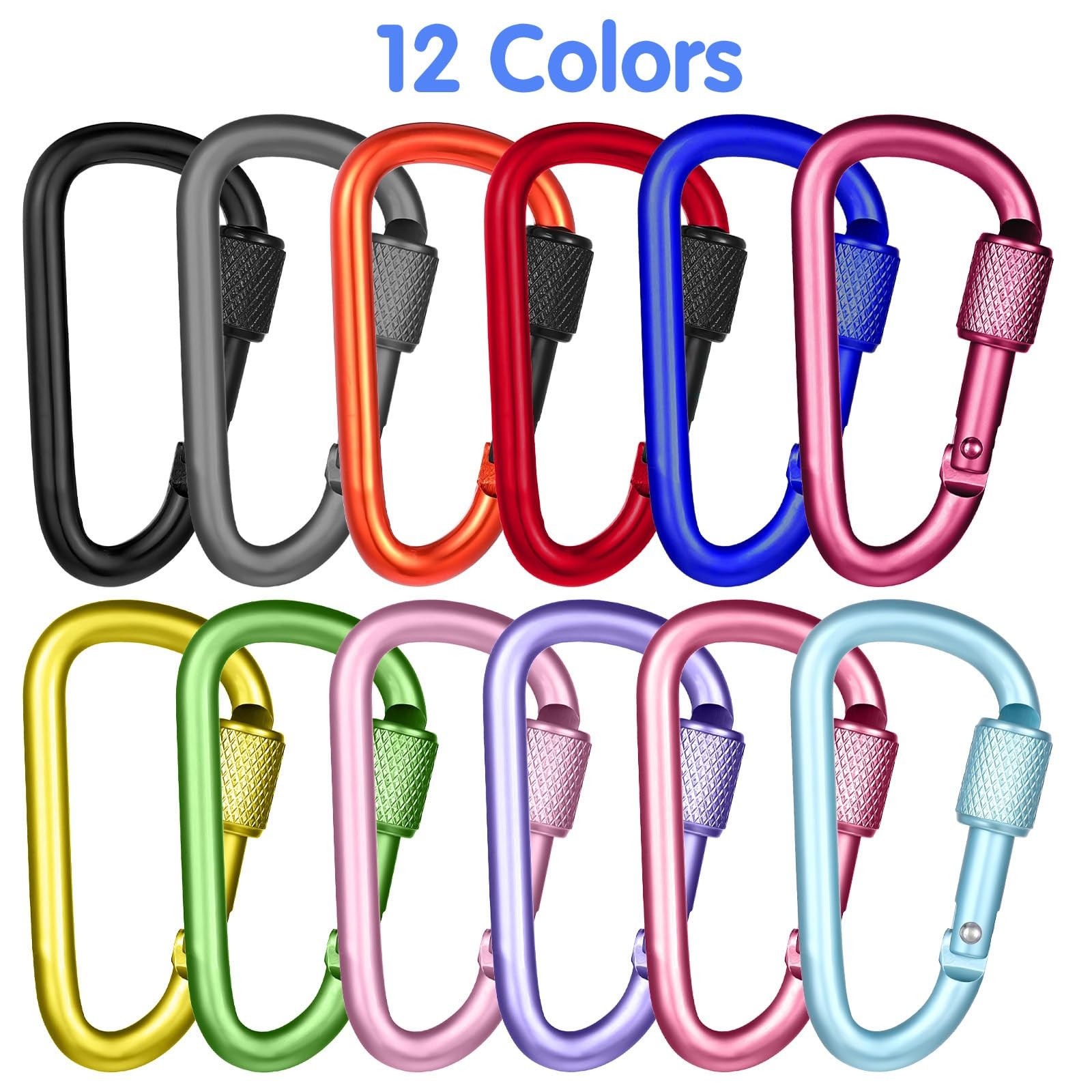12 Pcs D-Shape Carabiner Clasp, 2.2inch Locking Carabiner Clip with Screw Gat...