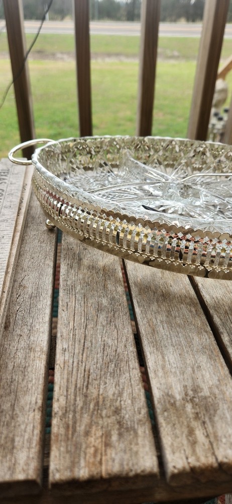 Vintage Sheffield England Clear Pressed Glass Divided Dish Silverplate Holder